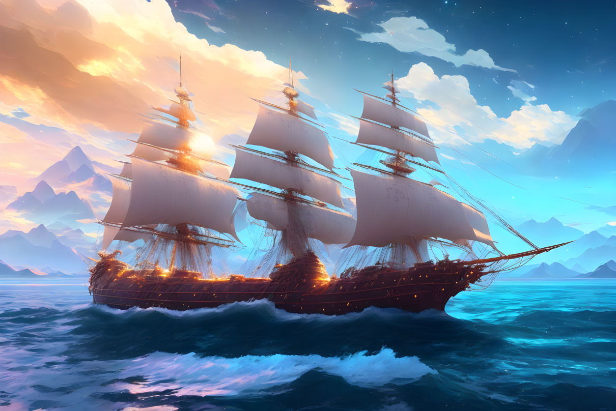 Sailing ship with billowing sails on serene ocean with ice-capped mountains and colorful sky