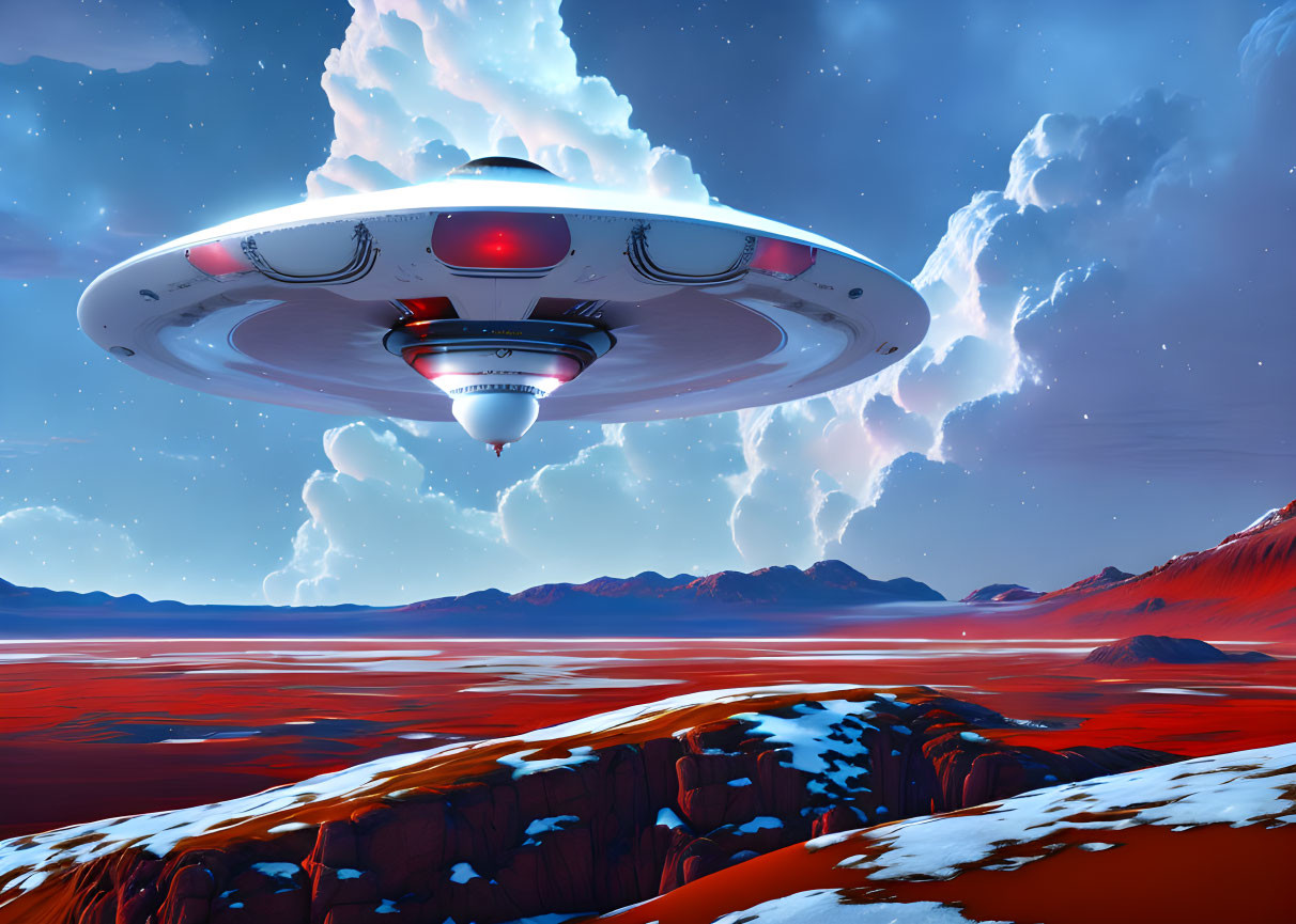 Detailed UFO over red alien landscape with blue skies