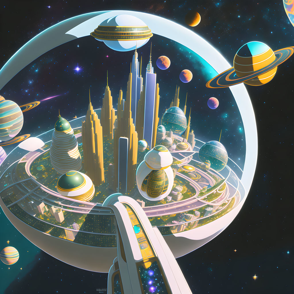 Futuristic cityscape with space-age architecture and cosmic backdrop