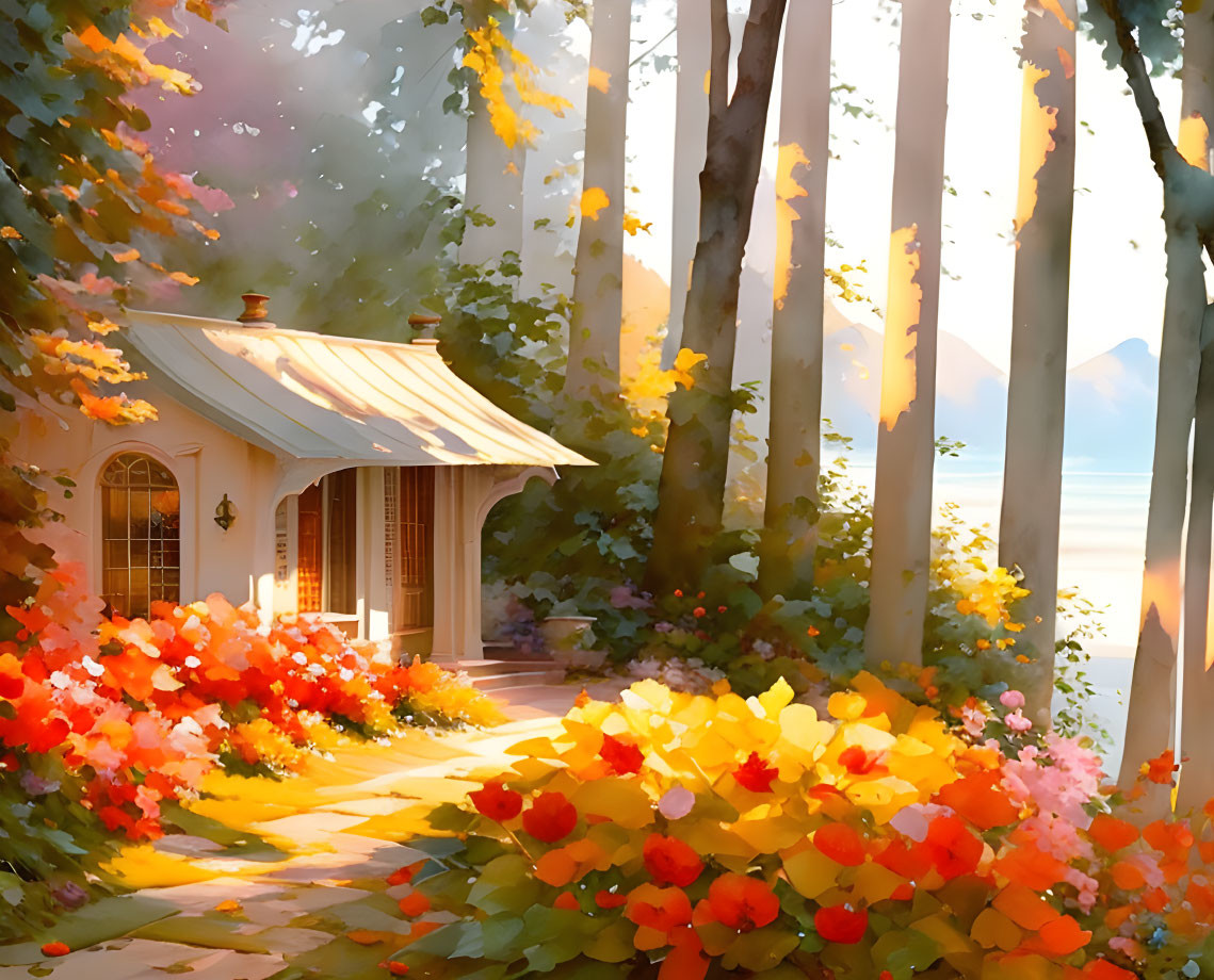 Cozy Cottage Surrounded by Trees, Flowers, Mountains, and Water