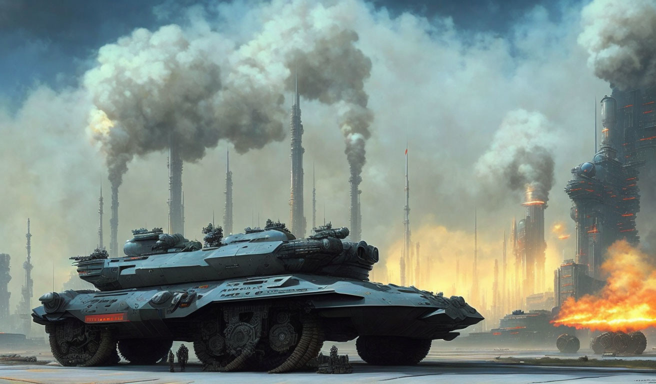 Futuristic tanks with heavy artillery in industrial cityscape.