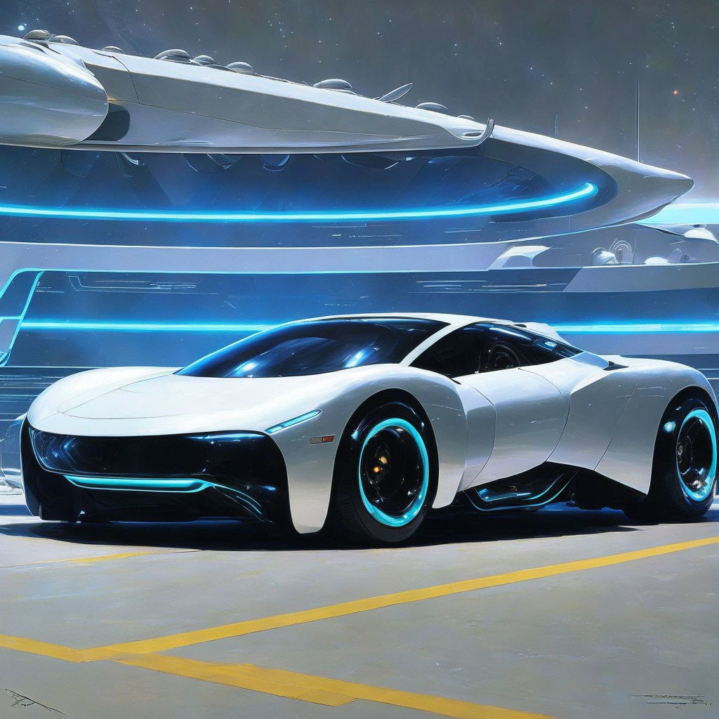 Sleek White Sports Car in Futuristic Cityscape