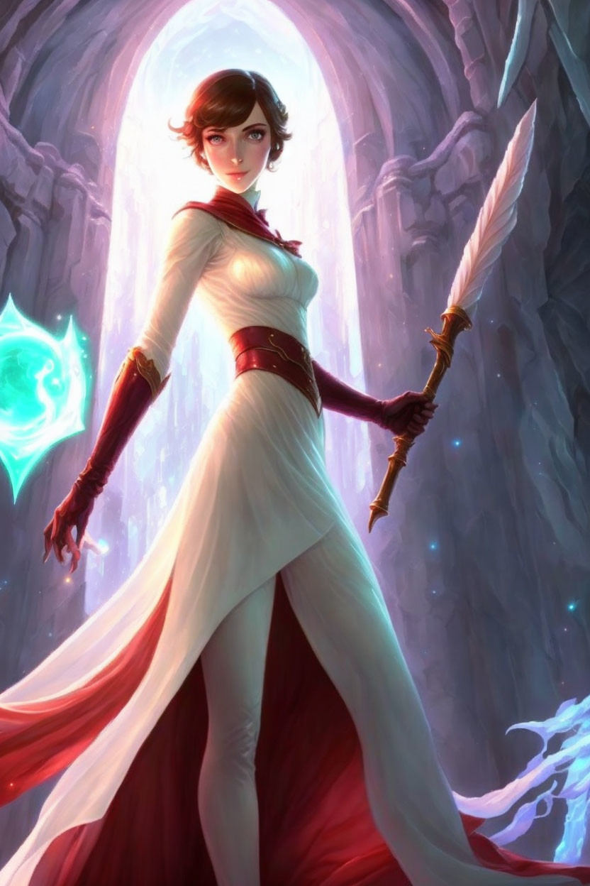 Mystical woman with staff and orb in ice cavern exudes power