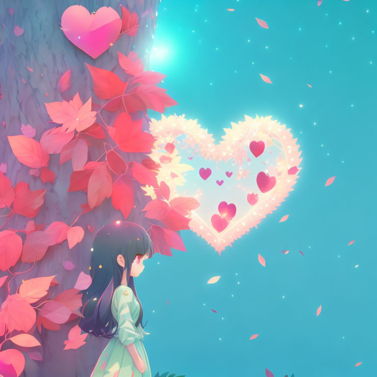 Girl in Light Dress Observes Heart of Hearts Among Pink Leaves by Heart-shaped Tree