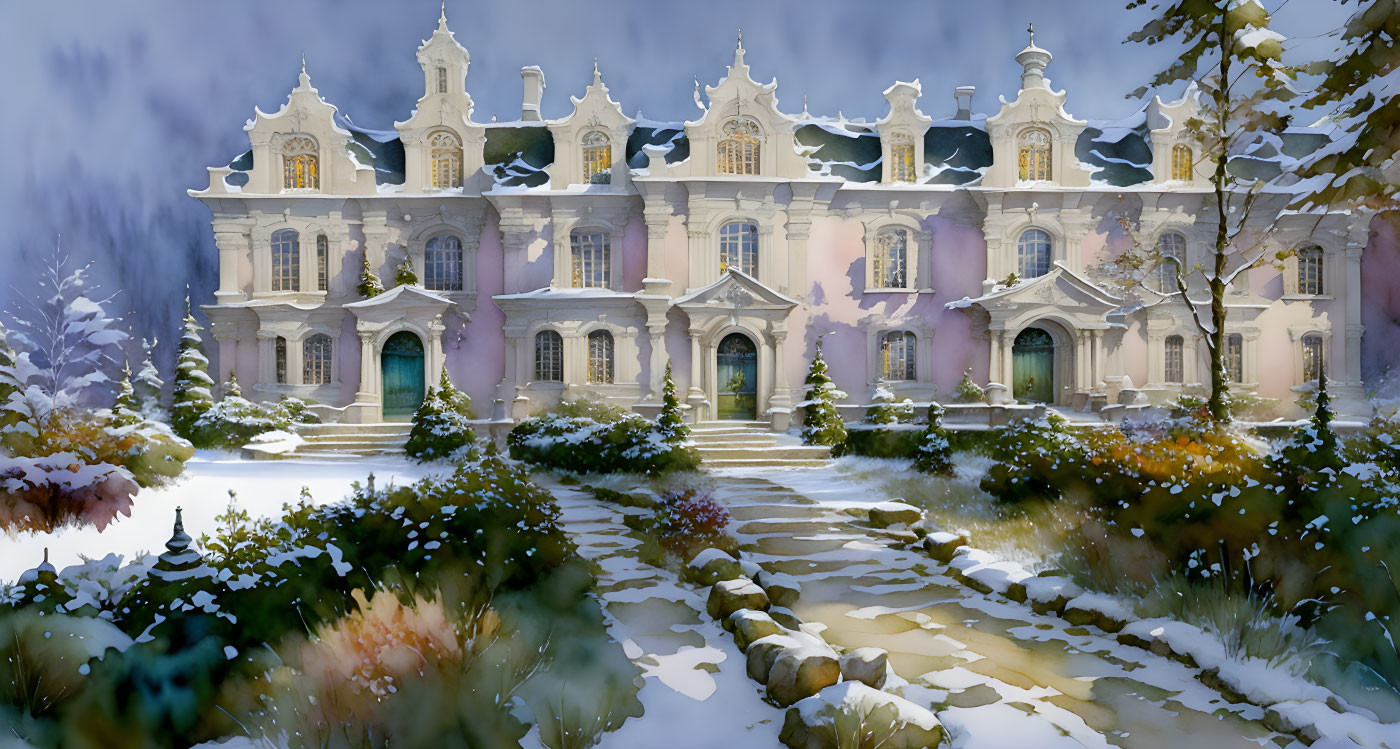 Baroque-style mansion in snowy landscape with stone pathway