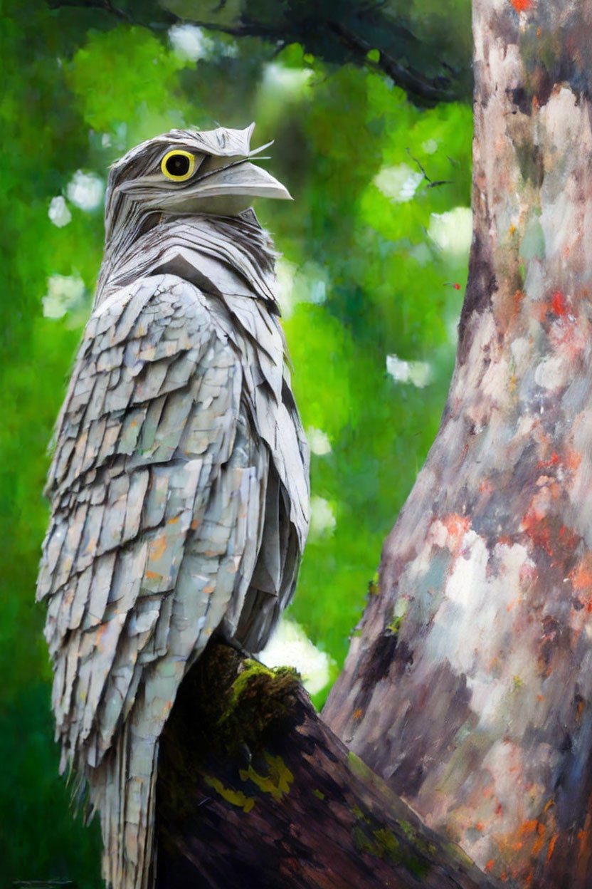 Colorful Bird with Leaf-Like Feathers Perched in Forest