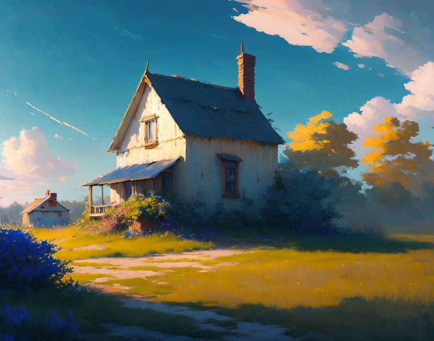 White Facade Cottage in Sunlit Meadow with Clear Sky