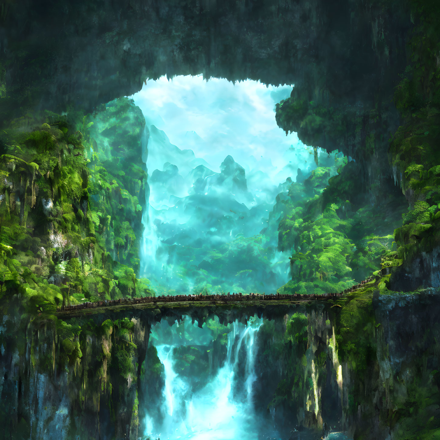 Verdant cavern with mystical waterfall and bridge in nature landscape