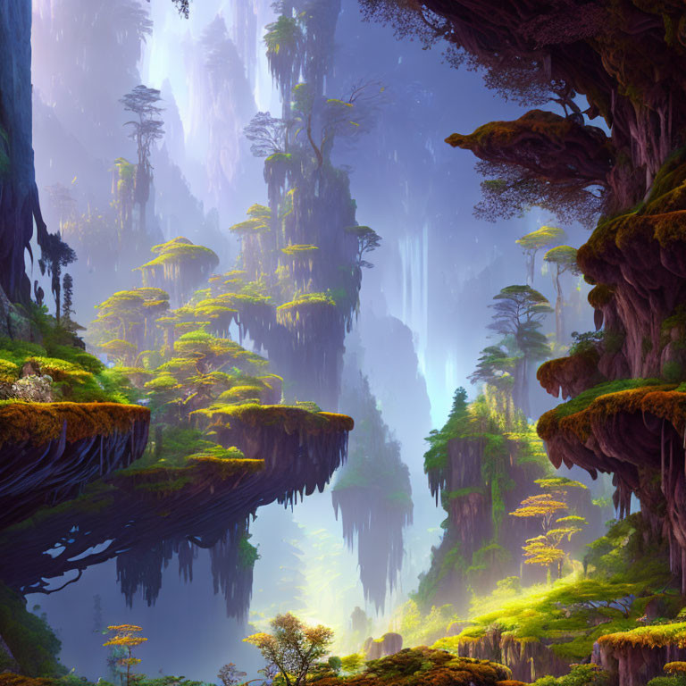 Majestic forest with towering trees and waterfalls in misty light