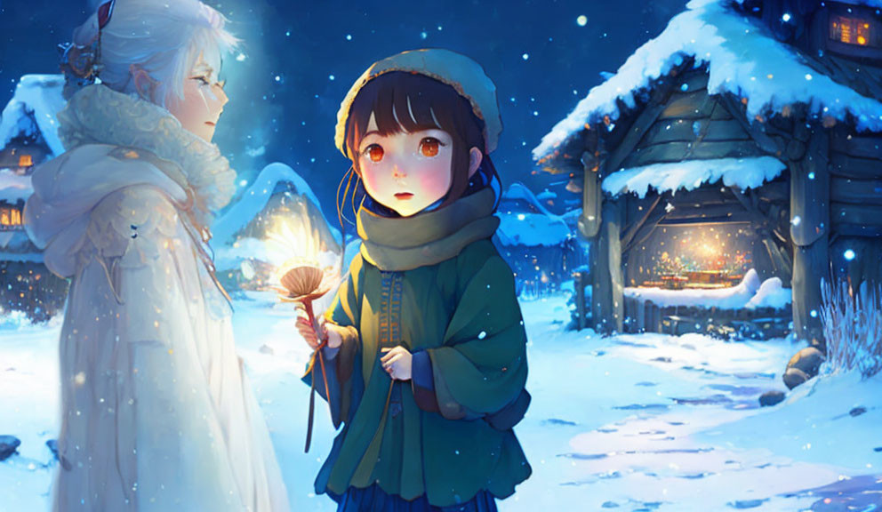 Young girl in winter attire with light meets ethereal figure in snowy village at night