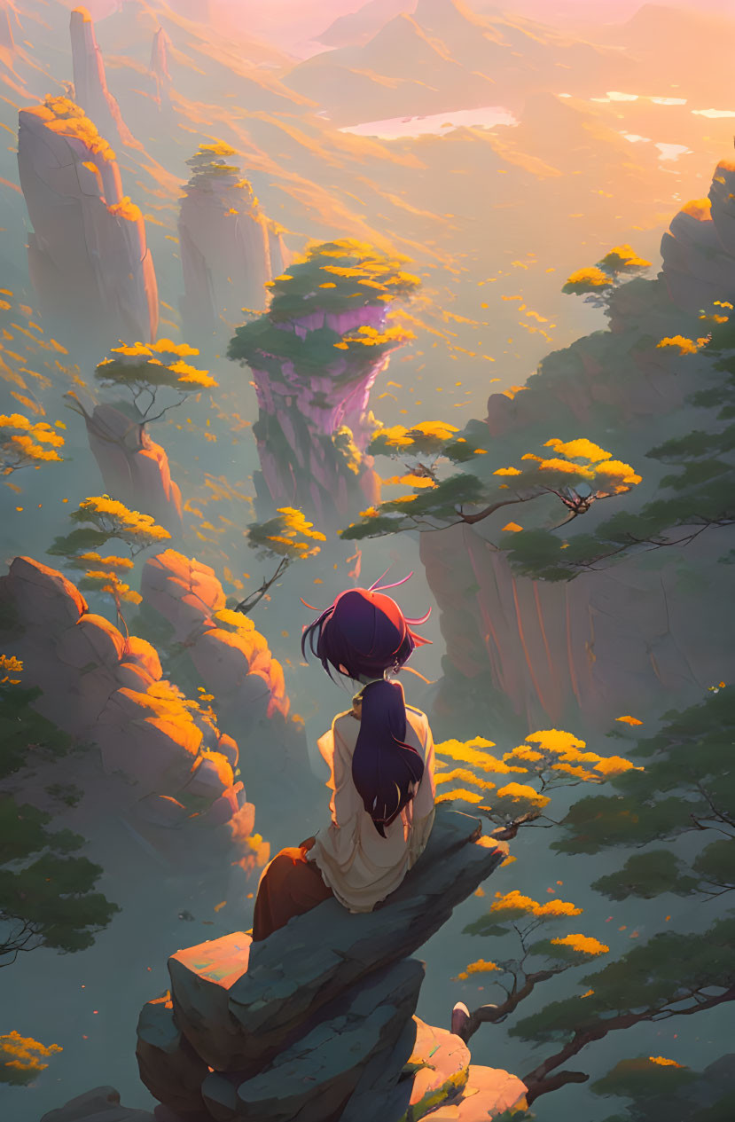 Anime-style character admires serene landscape on rocky outcrop.