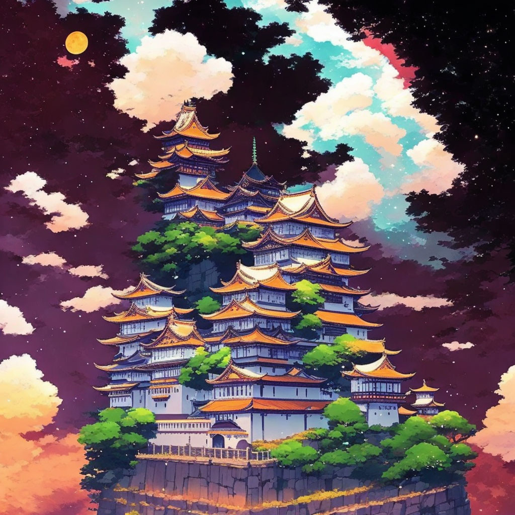 Traditional Pagoda at Dusk with Full Moon and Vibrant Clouds