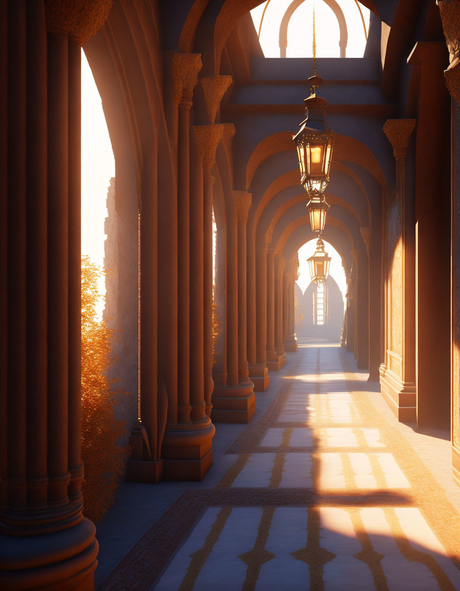 Sunlit arched hallway with columns and lanterns casting shadows