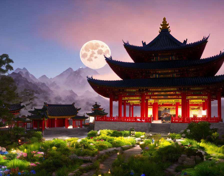 Traditional Chinese Pagoda in Moonlit Garden Setting