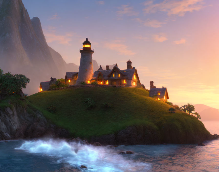 Coastal hillside lighthouse and cottage at sunset