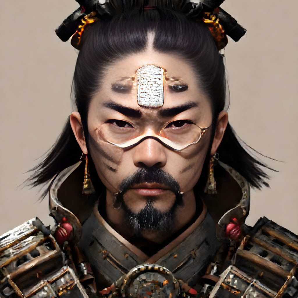 Traditional East Asian armor with mustached warrior in ornate headpiece