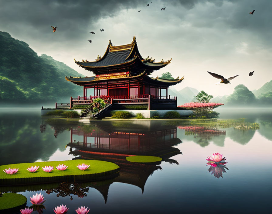 Tranquil Asian pagoda landscape with lotus flowers and birds