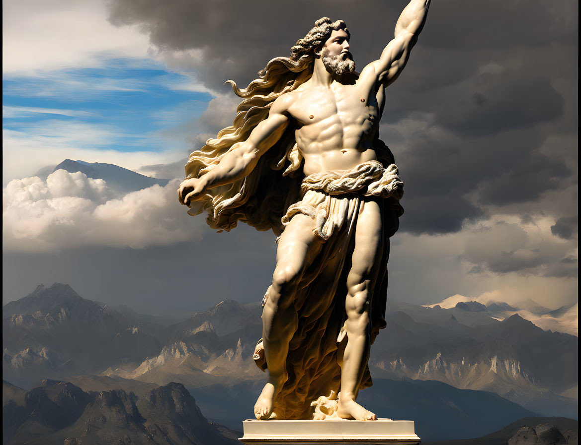 Majestic marble statue of muscular figure against dramatic backdrop