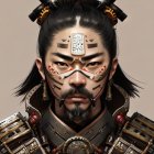 Traditional East Asian armor with mustached warrior in ornate headpiece