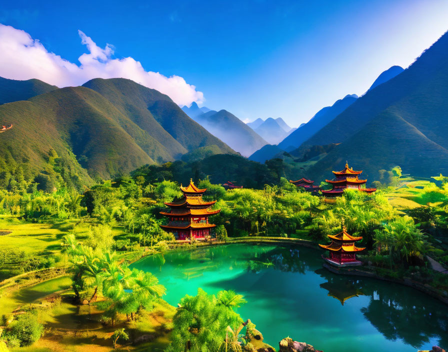 Traditional Chinese Pagodas in Serene Landscape with Lush Greenery