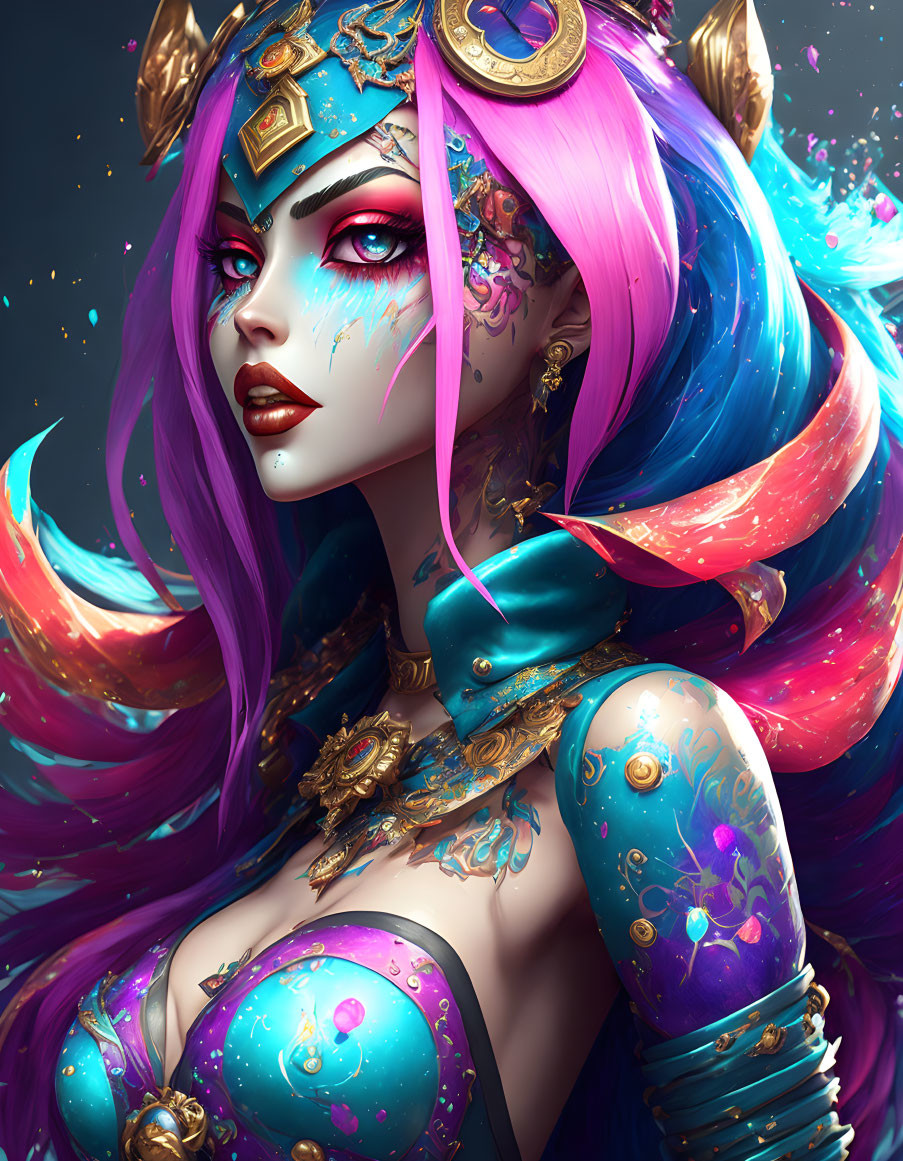 Vibrant Pink and Blue Hair on Fantasy Character in Golden Armor