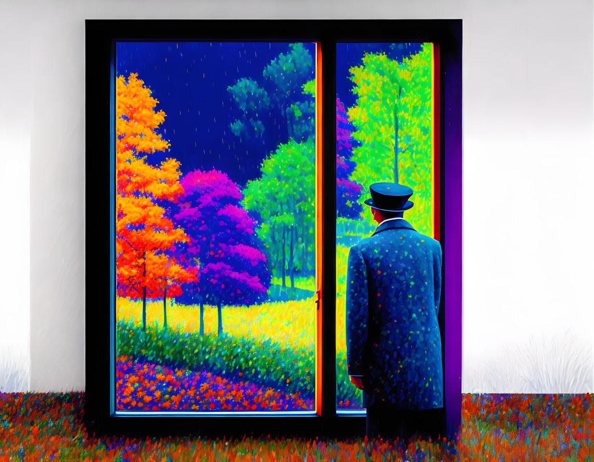 Person in hat gazes at vibrant autumn scene through window