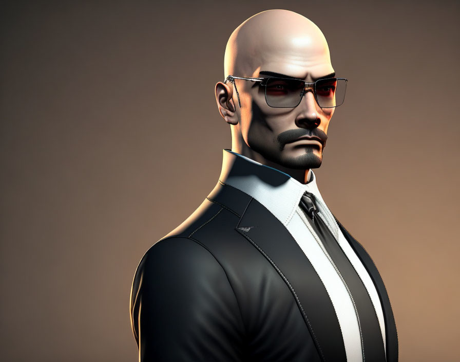 Stylized 3D illustration of bald man with beard in suit and sunglasses