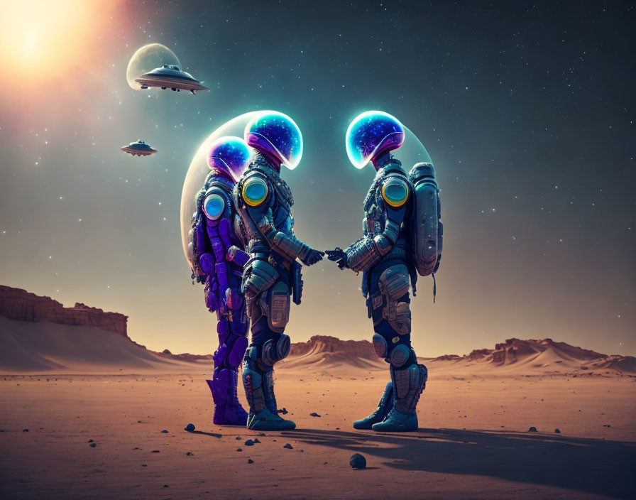 Astronauts in futuristic suits under starry sky with alien landscape