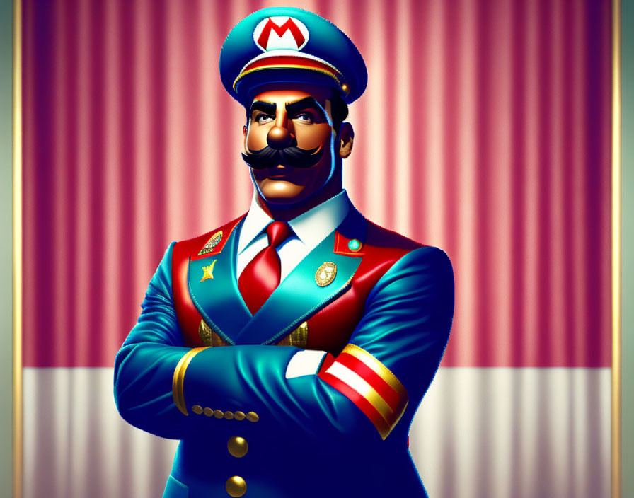 Stylized portrait of militarized Mario-like character with medals in front of a curtain