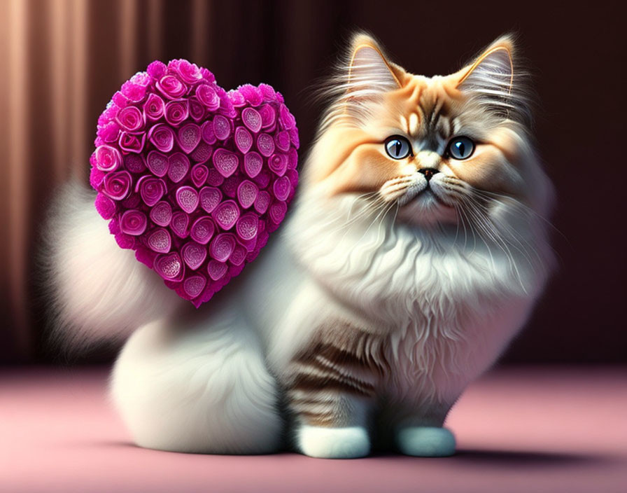 Fluffy Cat with Blue Eyes Holding Heart-Shaped Object Amid Roses