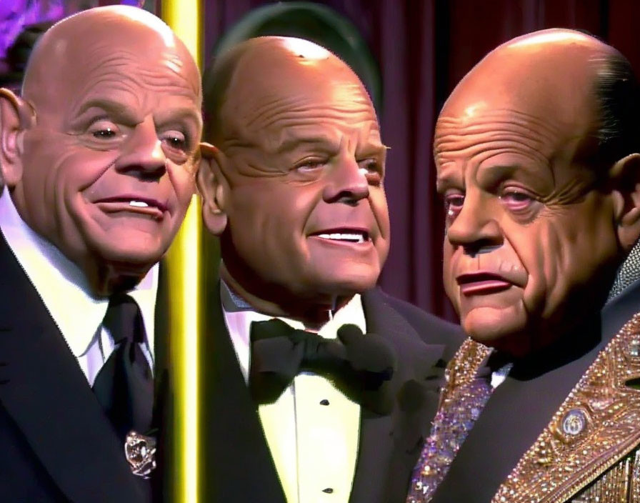 Three identical figures in formal attire with unique facial appearances at various angles