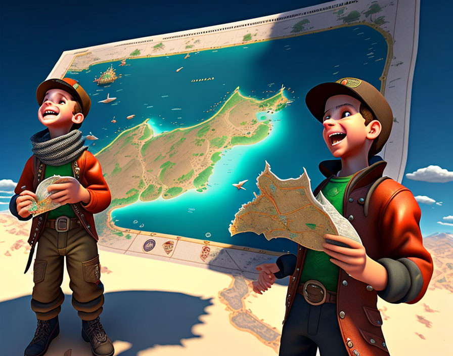 Animated boys explore a 3D pop-up island on a map