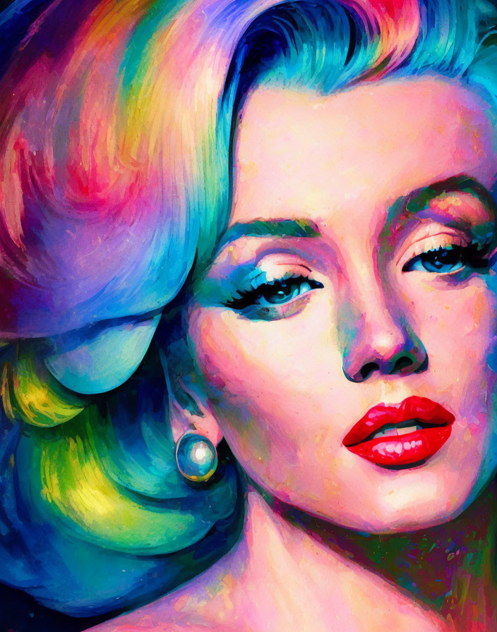 Vibrant portrait of a woman with colorful hair and bold lipstick