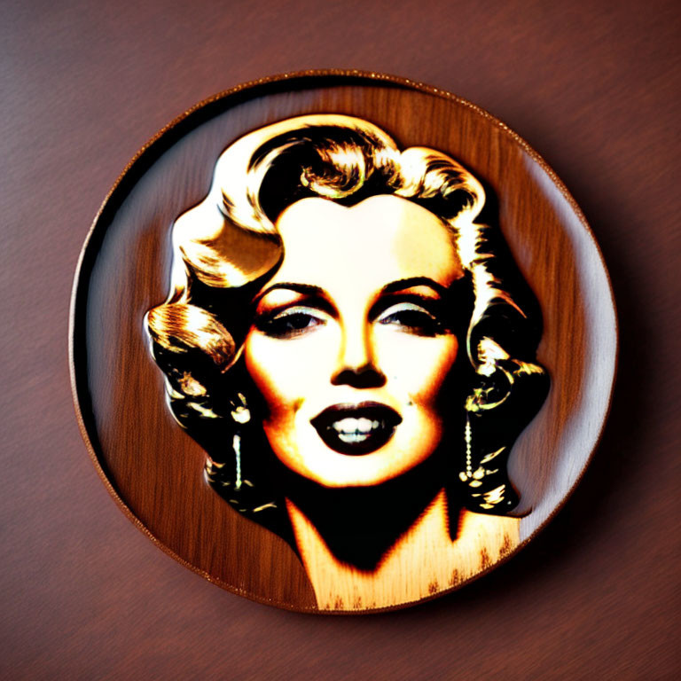 Glossy round decorative plate with Hollywood glamour woman on wooden background