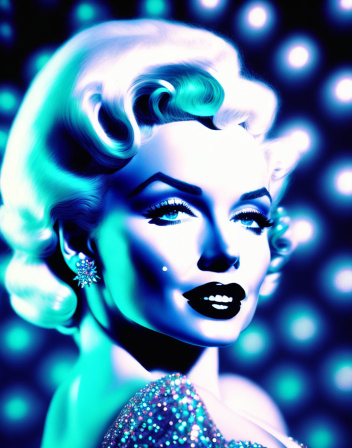 Colorful portrait of woman with retro hair, bold makeup, and neon earrings on blue backdrop