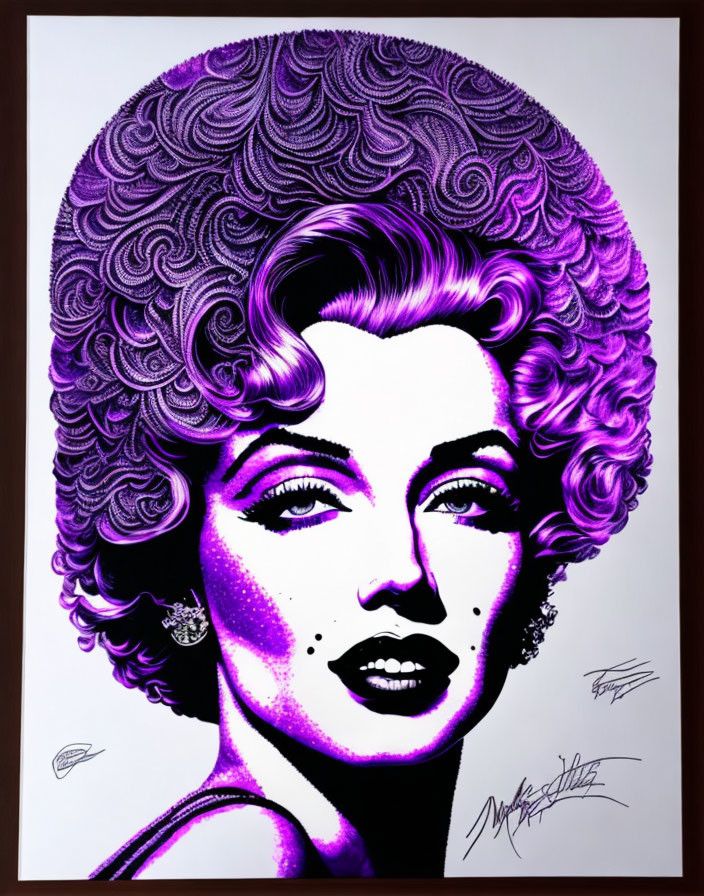 Stylized portrait of woman with voluminous purple hair and signature scribbles