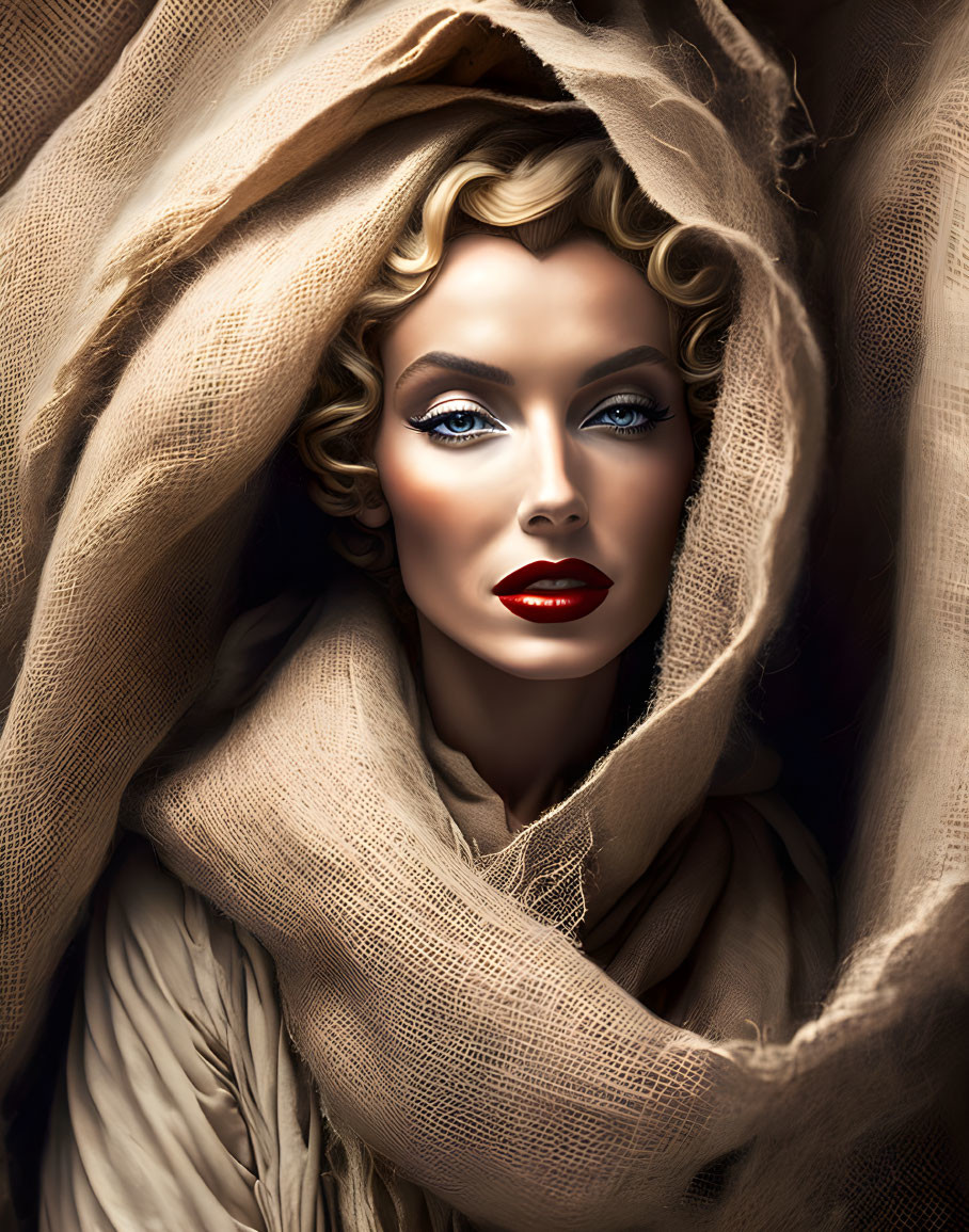 Blonde woman with blue eyes and red lipstick in beige fabric portrait