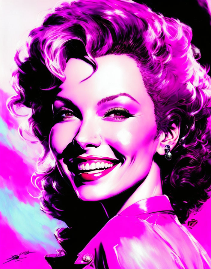 Smiling woman with curly hair in vibrant pink-toned portrait