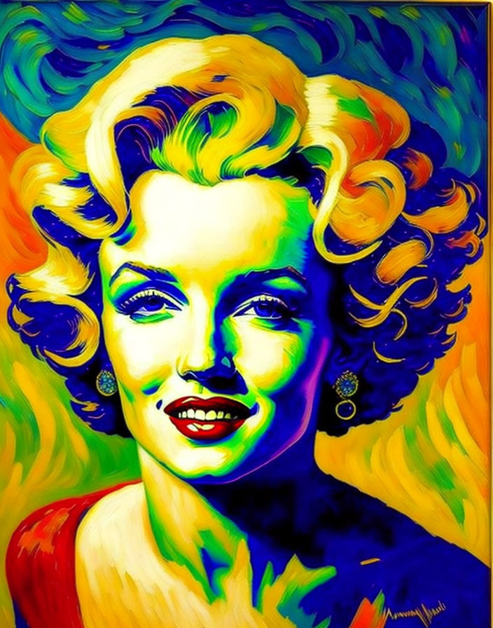 Colorful Portrait of Smiling Woman with Curly Hair