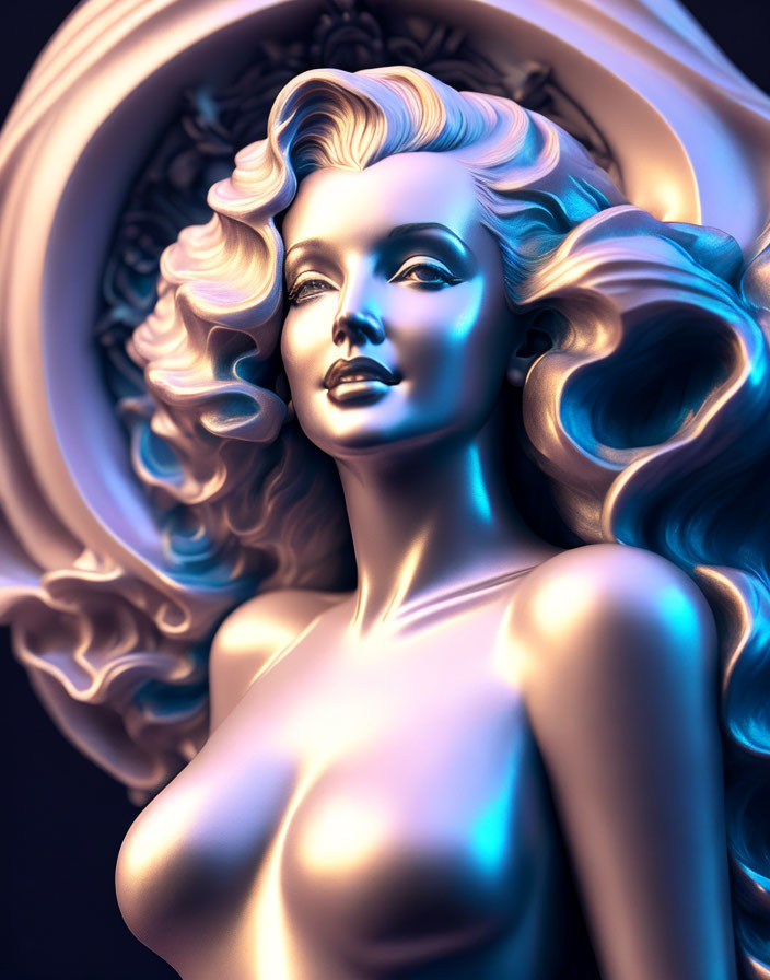 Stylized woman with flowing hair in ornate 3D artwork