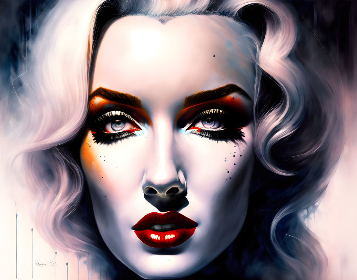 Stylized digital portrait of woman with curly blond hair and bold makeup