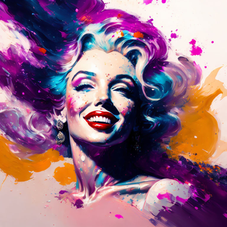 Colorful artwork: Smiling woman with flowing hair and paint splashes