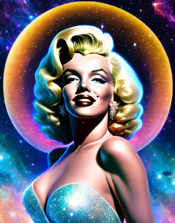 Smiling blonde woman in retro style against cosmic halo background