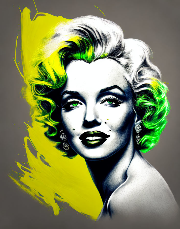 Stylized portrait of woman with yellow and green hair highlights on gray background