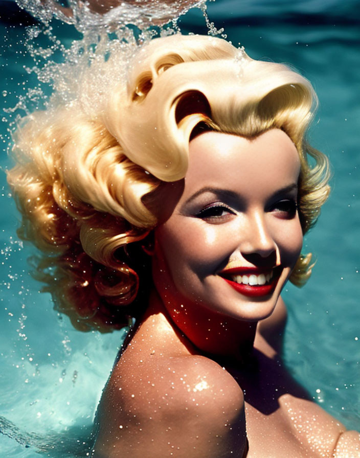 Blonde Woman with Red Lipstick Splashing in Blue Pool