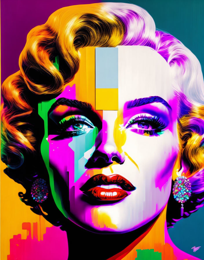 Colorful Pop Art Portrait of Woman with Curly Hair and Abstract Elements