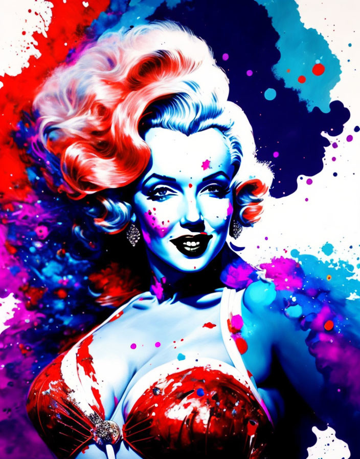 Vibrant artwork of woman with platinum blonde hair in red top amid blue and magenta splatters