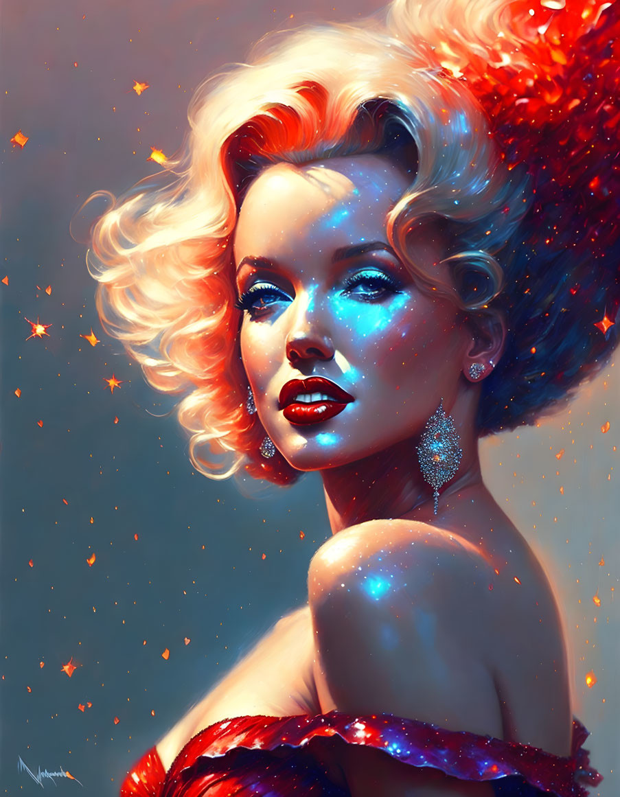 Vibrant blue-skinned woman with golden hair and celestial theme