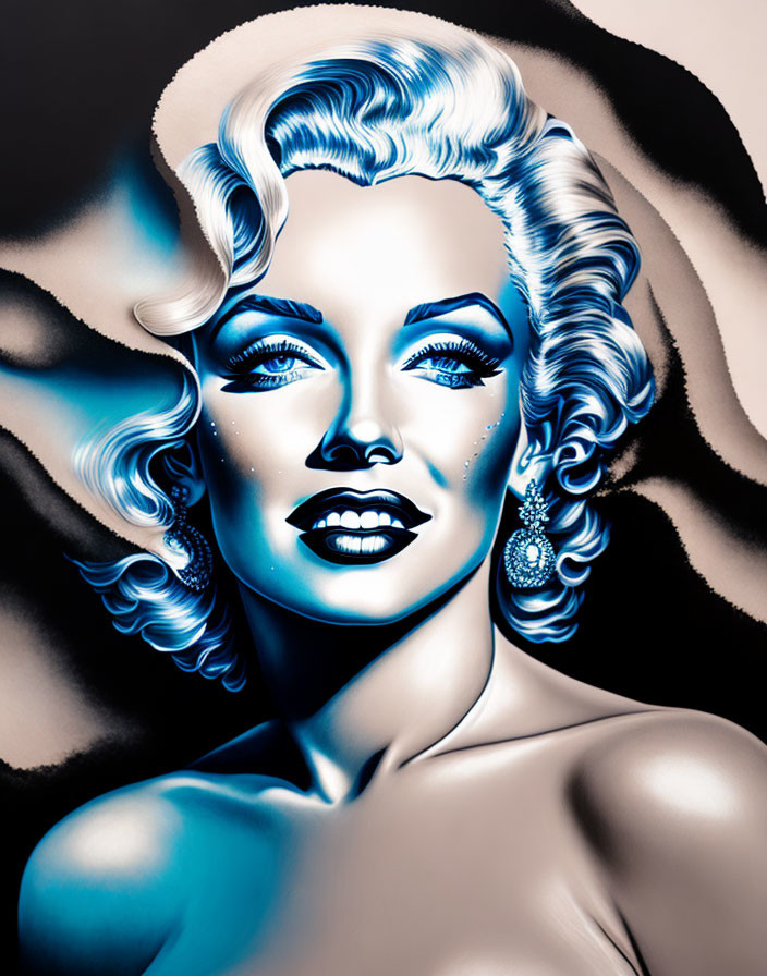 Platinum Blonde Woman with Blue Lips and Earrings in Hollywood Glamour Art