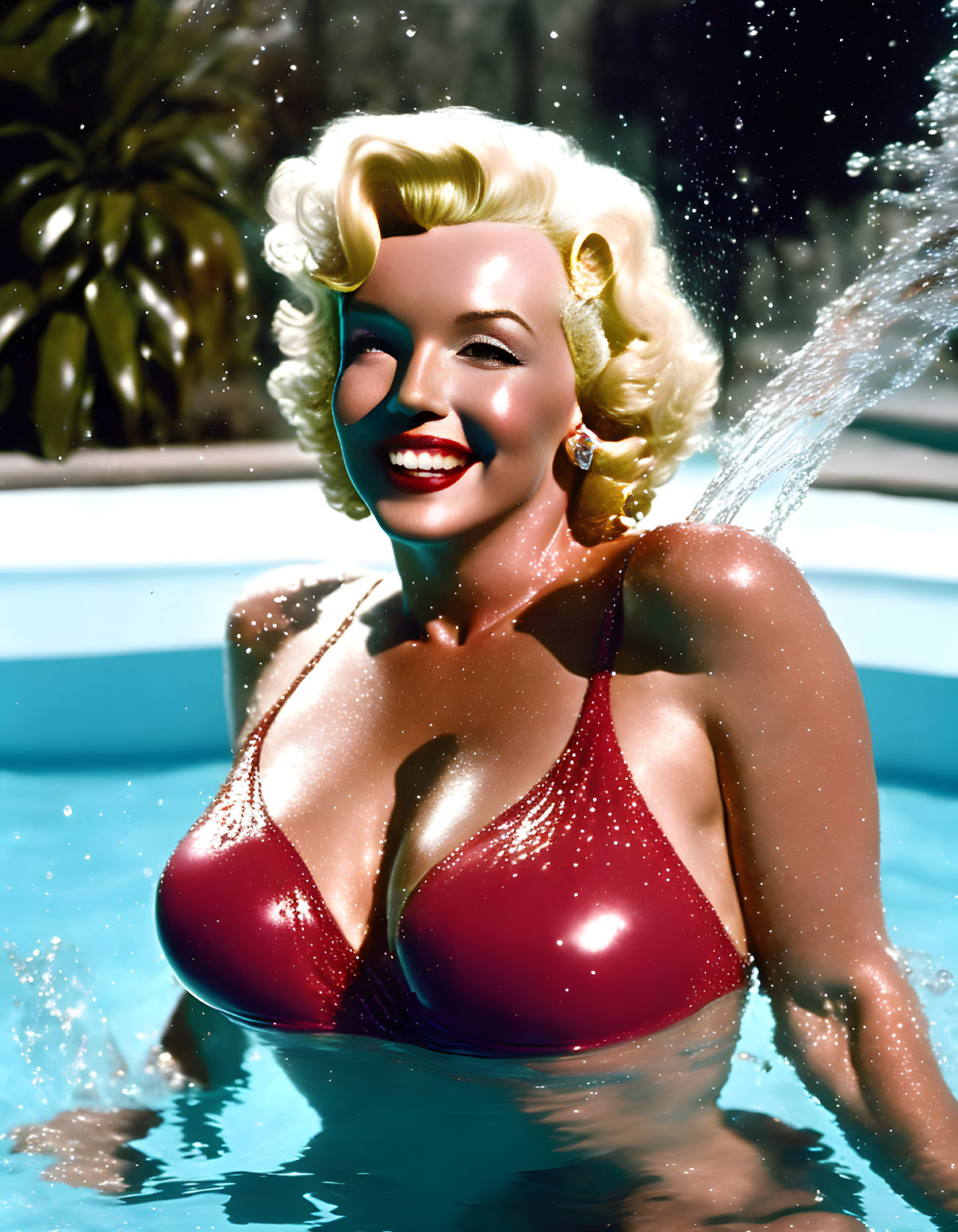 Blonde woman in red swimsuit by pool with palm tree and water splash